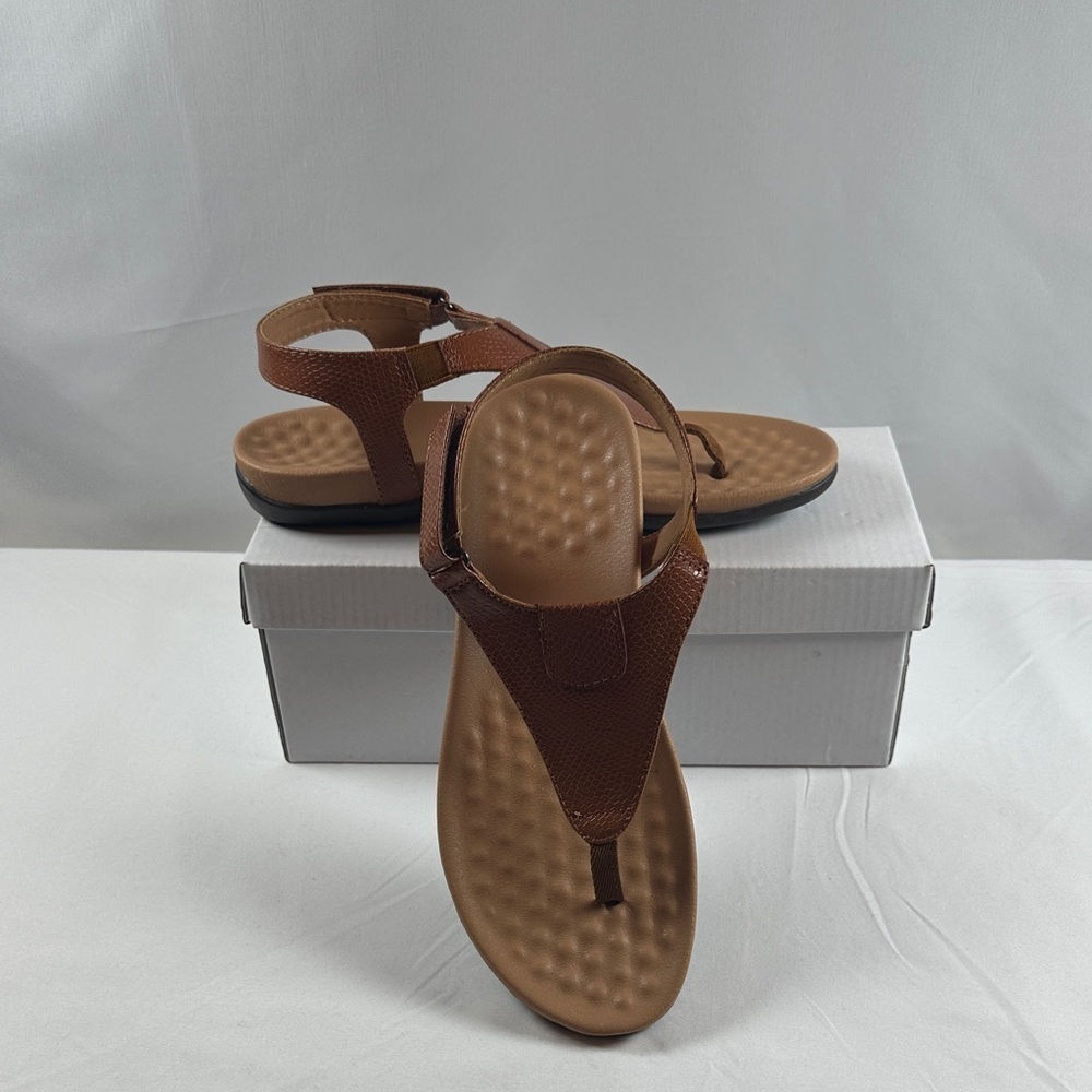 Women’s Brown Comfort T-Strap Sandals Soft Footbed Slip-On Thong Shoes Size 38